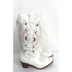 Women's Cowgirl Boots White Size 41 Perforated Feather Design Western Cowboy